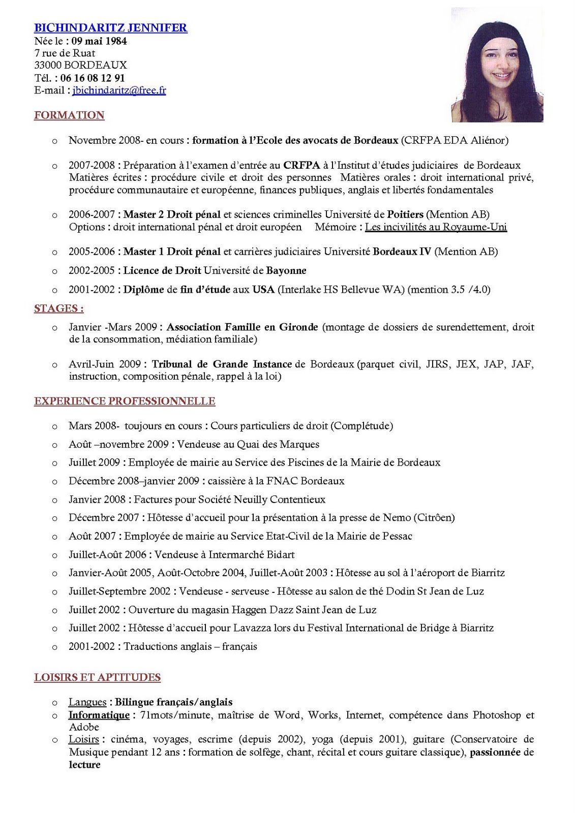 modele cv eleve avocat